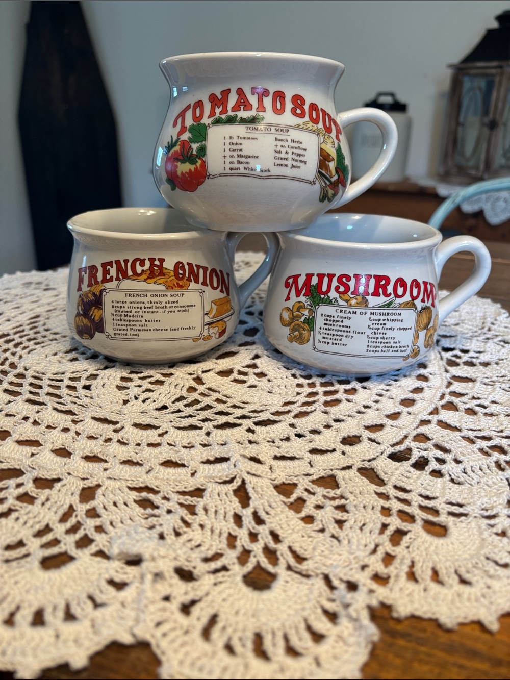 1970’s Cream Ceramic Soup Mug - Tomato, French Onion, Mushroom Designs